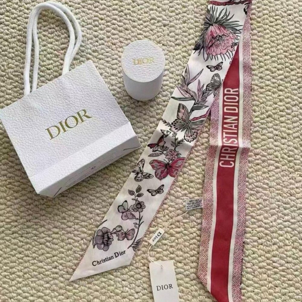 NWT Dior Pink and White Floral Silk Scarf with Dior bag and cylinder box!
